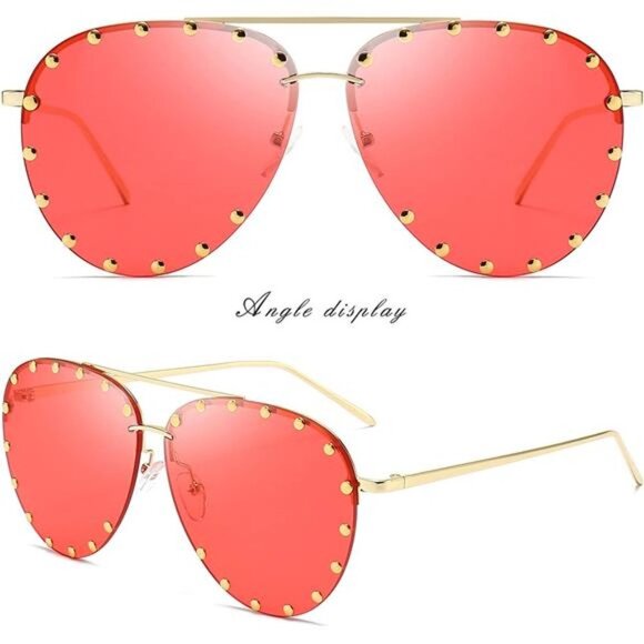 Women\'s Studded Aviator Sunglasses Metal Frame UV 400